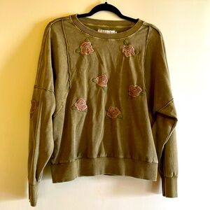 Billy T sweatshirt floral olive green brown small boho cottagecore roses sweater